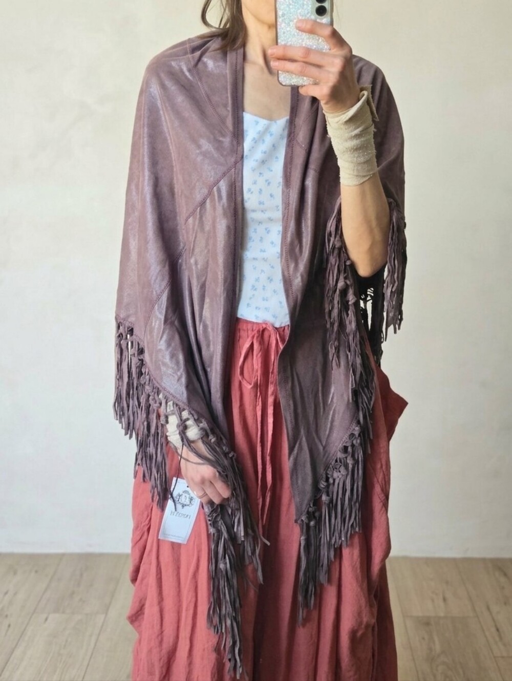 NWT Pinotti Italy Shimmer Purple Leather Fringe Shawl Wrap Poncho Cape OS Cozy